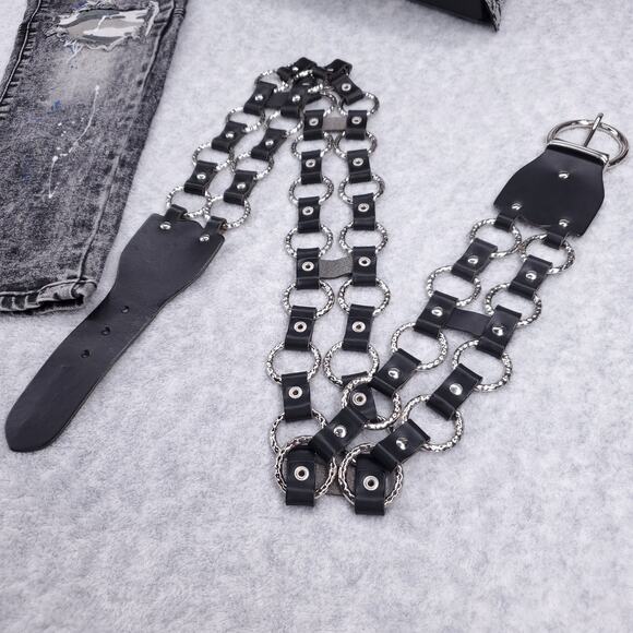 NWOT Ansaldo Dual Row Hammer Textured O-Ring Belt Leather Italy Punk Goth Rock - Picture 2 of 10